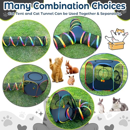 CypherX Outdoor Rainbow Cat Enclosure, 7 in 1 Portable Cat Tents for Outside Cage Free Outside Pop up Pet Enclosure Cat Tunnel Outdoor Playground for Indoor Cats and Small Animals - size: 7 in1 Maze(9.8"W)