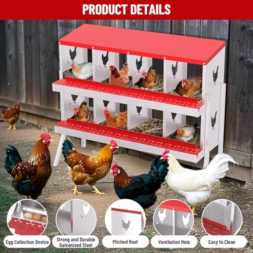 TrailBlaze 8 Compartment Chicken Nesting Box with Metal Legs, Chicken Egg Laying Boxes with Rollout Egg Collection, Large Vented Holes Chicken Coop for Chickens, Hens (Red) - color: Red, size: 8 Holes with Legs