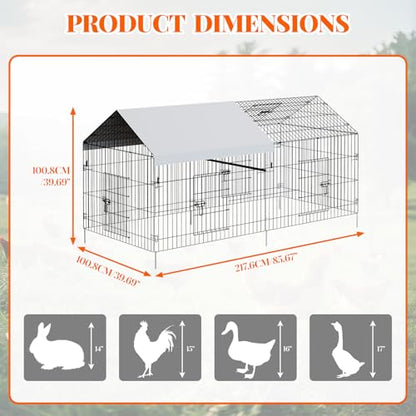 Metal Chicken Coop, Chicken Run Pen for Yard with Cover, Outdoor Metal Portable Chicken Cage with 4 Door and 1 Window for Outside Duck Rabbit Hen, 86"×40"×40" - size: 86"L x 40"W x 40"H