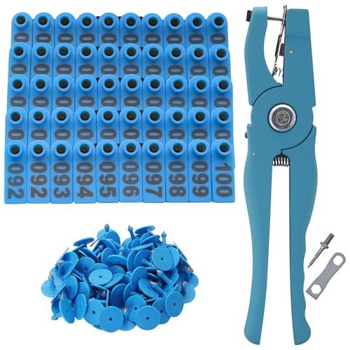 Sheep Ear Tags Numbered 001-100 Plastic Livestock Ear Tags with Applicator Pliers for Goat Sheep Pig Dog Deer Farm,100PCS (Blue) - color: Blue