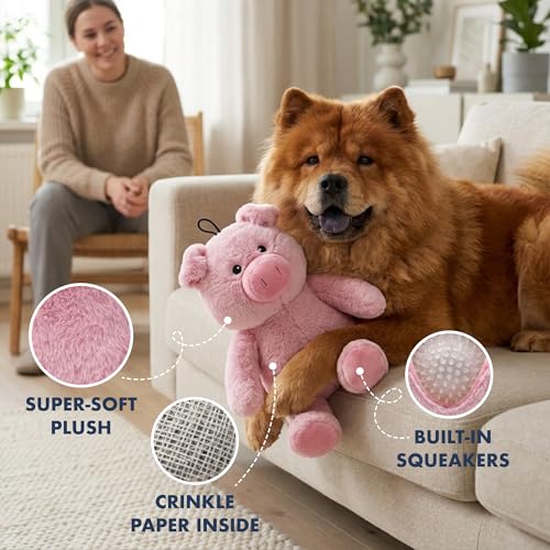 Petlou Plush Toys with Durable Squeaker and Crinkle Paper Dog Chew Toy in Colossal Size and Multi-Color (Pink Cute, 15 Inch Cut Pig)
