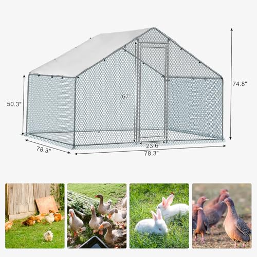 Outvita Chicken Coop, 6.5 x 6.5 FT Large Metal Chicken House, Poultry Habitat Cage with Waterproof Cover, Walk-in Chicken Run Pen for Small Animals, Yard, Farm, Patio - color: Silver, size: 78.0"L x 74.0"W x 78.0"H