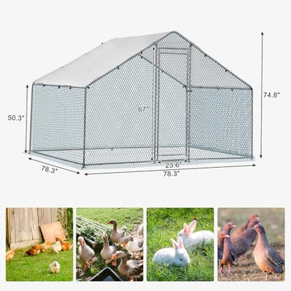 Outvita Chicken Coop, 6.5 x 6.5 FT Large Metal Chicken House, Poultry Habitat Cage with Waterproof Cover, Walk-in Chicken Run Pen for Small Animals, Yard, Farm, Patio - color: Silver, size: 78.0"L x 74.0"W x 78.0"H