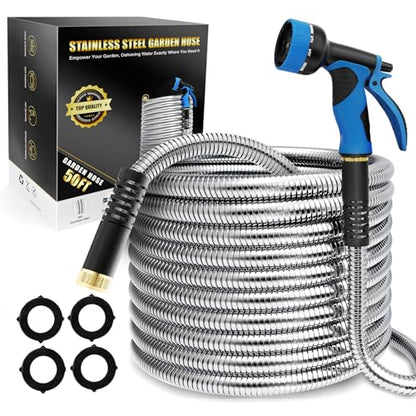 Lefree 50ft Metal Garden Hose - Heavy Duty 304 Stainless Steel Flexible Water Hose, No Kinks & Leak-Proof with Upgraded Handle, 10-Function Spray Nozzle for Balcony, Patio, Small Yard, Car Wash - color: Silver, size: 50FT