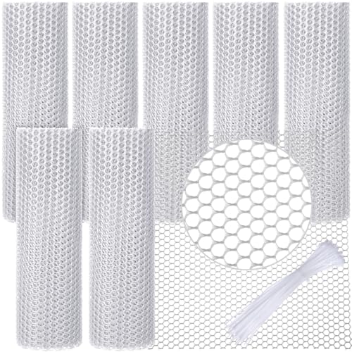 Landical 6 Rolls Plastic Chicken Wire Fencing Mesh 120 x 15.7 Inch Each Plastic Mesh Fence with Zip Ties Hexagonal Poultry Netting Garden Fencing Cat and Bird Netting (White) - color: White