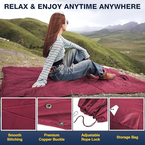 DUKUSEEK Outdoor Wearable Camping Blanket, Large Packable Backpacking Hooded Stadium Blankets, Lightweight Warm Quilt for Picnic, Hiking, Football, 79"X56", Wine Red - color: Wine Red - Wearable Camping Blanket