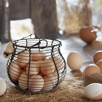 LINCOUNTRY. Farmhouse Wire Egg Baskets for Gathering Fresh Egg With Handle, Round Metal Chicken Egg Collecting Basket Countertop Holder Vintage Style for Kitchen