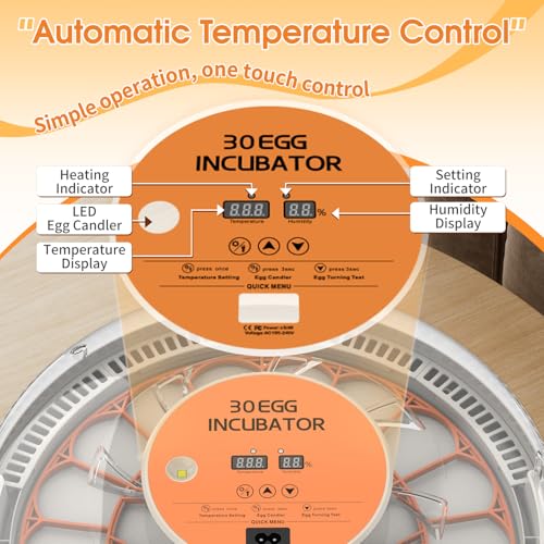 30 Egg Incubator with Automatic Egg Turning, Temperature Control and Humidity Monitor Incubators for Hatching Eggs, Chicken, Ducks, Goose, Pigeon, Quail, Parrot Incubator for Farm, Lab - size: 30-EGGS