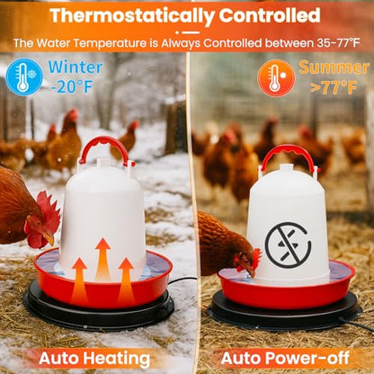 Chicken Water Heater for Winter, 11'' Heated Waterer Base for 1-5 Gallon Metal/Plastic Poultry Waterer, Built-in Thermostat (77℉ Auto Shut-Off), 110W Coop Heater with 6.6ft Power Cord