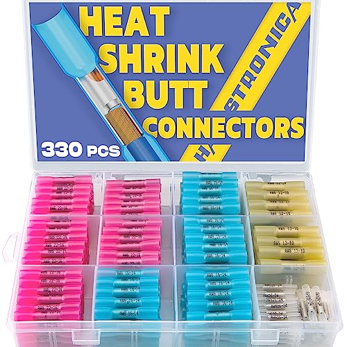 330PCS haisstronica Heat Shrink Butt Connectors-Marine Grade Waterproof Electrical Crimp Wire Connectors Kit-Tinned Red Copper Insulated, for Boat,Truck,Stereo,Joint(4Colors/4Sizes) - style: 330PCS