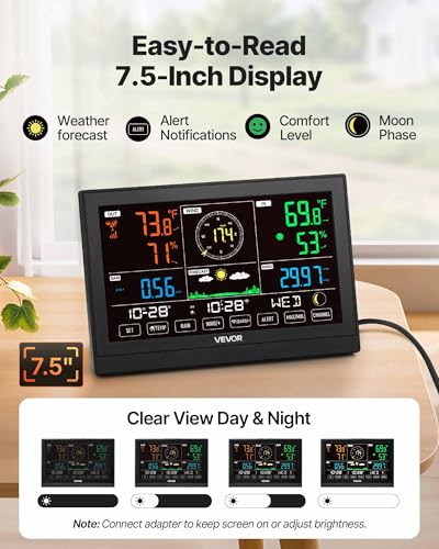 VEVOR 5-in-1 Wi-Fi Weather Station, 7.5-Inch VA Display, Wireless Solar Powered Outdoor Sensor, Rain Gauge, Indoor Outdoor for Weather Forecast, Wind Speed Direction, Temperature, Humidity, Rainfall - style: 5-in-1 Wi-Fi with APP