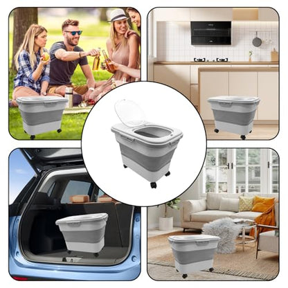 20-30 Lbs Rice and Pet Food Storage Container - Collapsible Airtight Food Storage with Rolling Wheel & Locking Lid, Flour Container with Cup & Scoop for Rice, Flour, Pet Food (Grey)