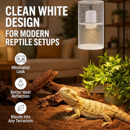 VIHOSE 1 Pcs Reptile Heat Lamp Guard with 150W Ceramic Heat Emitter Basking Anti Scald Heating Lamp Holder Mesh Cage Reptile Protection Lampshade for Lizard Snake Without Bulb (4 Inch,White,White) - color: White, White