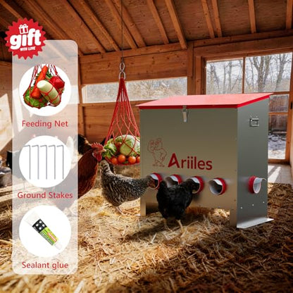 Automatic Chicken Feeder Box, 120lb Capacity, 10 No-Waste Ports, Metal Poultry Feeder with Covered Lid & Elevated Stand, Feed Dispenser for Chickens, Ducks & Backyard - size: 120 LB