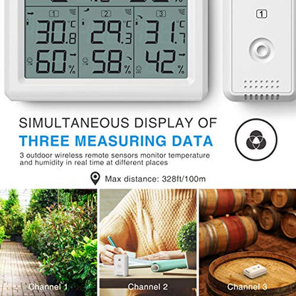 AMIR Indoor Outdoor Thermometer, 3 Channels Digital Hygrometer Thermometer with 3 Sensor, Temperature Humidity Monitor with LCD Display, Wireless Humidity Gauge for Home, Baby Room