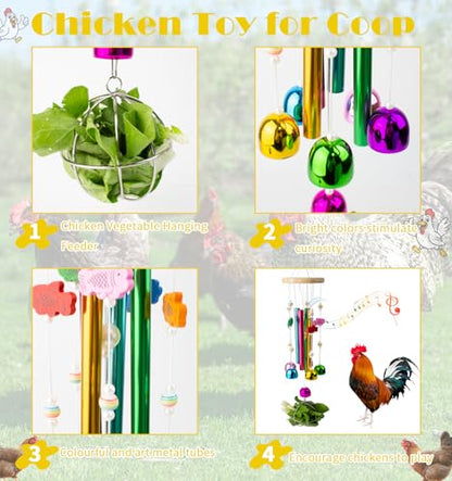 Chicken Toys with Treat Ball for Coop, Chicken Wind Chime Toys for Hens with 5 Metal Bells, Hanging Chickens Coop Pecking Toy for Hens Chicks Poultry