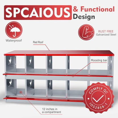 Chicken Nesting Boxes - 10 Compartment Metal Poultry Nest Box Wall Mount for Chickens, Hens, Ducks - Easy Egg Collection - Large Vented Holes Chicken Coop Equipment (10 Compartment)