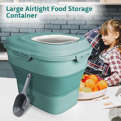Komzon Rice Storage Bin Cereal Containers, 13-50lb Collapsible Rice Container Dispenser with Transparent Lid, Rolling Wheels, Measuring Cup and Scoop, Airtight Dog Cat Pet Food Storage Container Green - color: Green