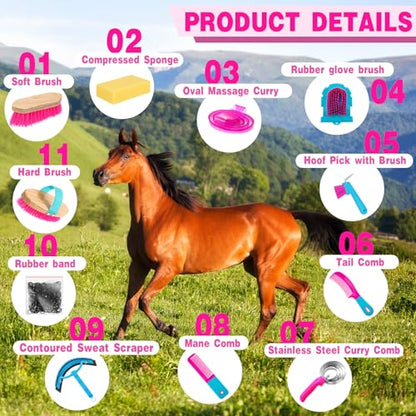 Abbylike 12 Pieces Horse Grooming Kit Racing Festival Tack Room Supplies Horse Brush Sets Equine Care Cleaning Kit Shedding Grooming Massaging Tools(Rose Red) - color: Rose Red