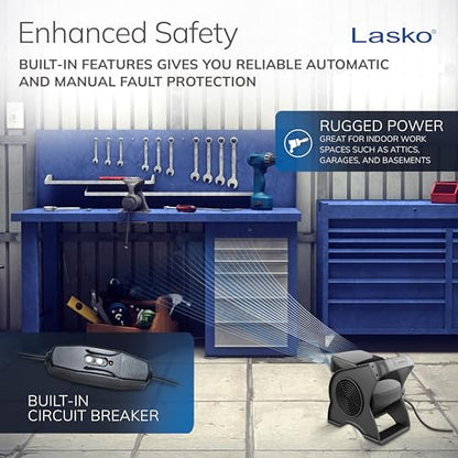 Lasko High Velocity Portable Utility Fan - Adjustable Air Mover Blower Fan for Bedroom, Office Desk, Garage, and Home - With 2 Outlets 120V - 3 Speeds - U12104 - 12" Tall - Black