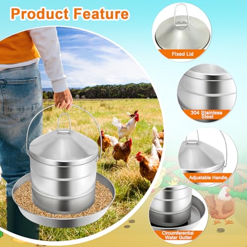 RYFT Automatic Chicken Feeder 8KG/17.6lbs, Stainless Steel Poultry Feeder, Heavy Duty Thickness 0.035 in / 0.9 mm, with Handle, Top Filled, Durable and Rust Resistant - size: 17.6lbs