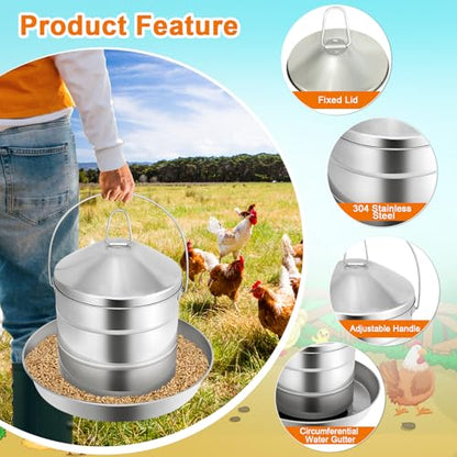 RYFT Automatic Chicken Feeder 8KG/17.6lbs, Stainless Steel Poultry Feeder, Heavy Duty Thickness 0.035 in / 0.9 mm, with Handle, Top Filled, Durable and Rust Resistant - size: 17.6lbs