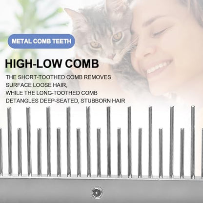 Blue Pet Double-Sided Row Undercoat Rake Comb with Handle Dog Dematting Comb for Shedding Fine Tooth Comb Pet Grooming Tool for Long-Haired Dogs Cats Gentle Remove Loose Hair Knots Tangles