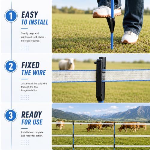 50 Pack Fixed Insulator Fiberglass Posts, 48 Inch Step-in Electric Fence Posts, Easy Step-in Posts for Livestock Fencing, Garden Fencing and Boundary Marking,Blue - color: Blue