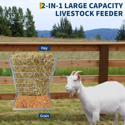 Wall Mount Hay Feeder, Heavy-Duty Galvanized Metal 2 in 1 Hay and Grain Feeder, Livestock Feeder with Adjustable Distance, Hay Feeder for Goats, Sheep, Horse，Indoor Outdoor Silver