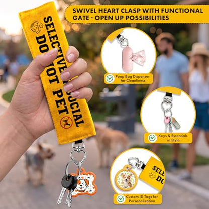 Yellow Dog Leash Sleeve Selectively Social Do Not Pet Warning Wrap, Double Sided Highly Visible Pet Safety Sign with Heart Hook, Canvas Lead Attachment for Dog Training Outdoor Walking - color: Selectively Social
