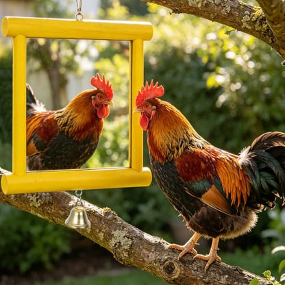 Chicken Mirror Toys Extra Large Chicken Enrichment Toys for Coop 10.6 x 10 Inch Wooden Hanging Swing Mirror with Bell Yellow Coop Pecking Accessories Molar Stones