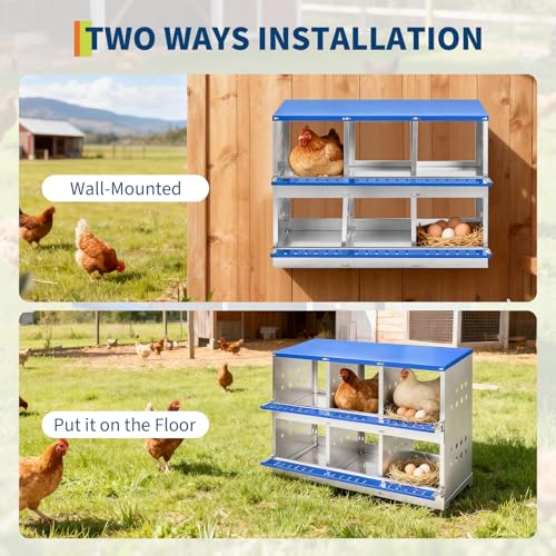 Chicken Nesting Box, 6 Compartment Nesting Boxes for Chickens, Durable Galvanized Steel, Ventilated with Dot Holes, Non-Slip, Wall Mountable Nesting Boxes for Chicken, Partitioned Design, Blue - size: 6 Compartment