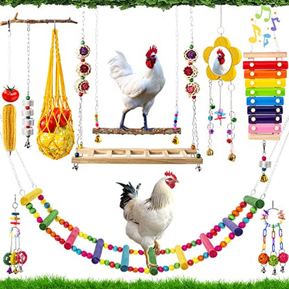 11PCS Chicken Toys for Coop Accessories - Chicken Xylophone Toy, Chicken Mirror, Chicken Ladder Bridge, Coop Swing, Vegetable Hanging Chicken Feeder, Chewing Foraging Toys, Gifts for Hens - size: 11pcs
