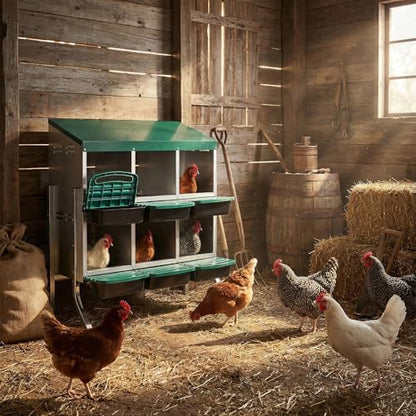 Chicken Nesting Box with 6 Compartments, Automatic Roll-Away Egg Collection, Wall Mount Hen Laying Box with Perch Removable Trays for Easy Cleaning Durable Galvanized Steel Nest Box for Backyard Green