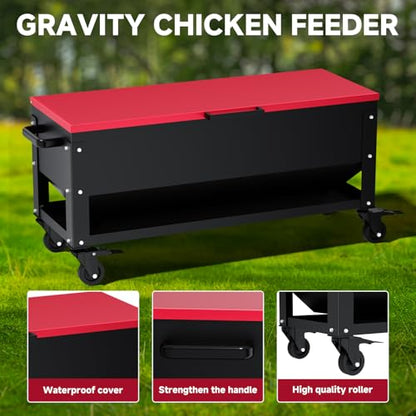 Heavy Duty Chicken Feeder 120 lbs Large Capacity, Metal Automatic Poultry Feeding Box with Waterproof Lid, Raised Standing Feeder with Wheels for Hens & Roosters, Portable & Easy to Move - color: Red