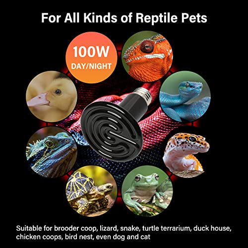 HealSmart Reptile Heat Lamp 100W 2-Pack Ceramic Heat Emitter, No Light Emitting Infrared Heat Bulbs for Amphibian Pet Brooder Coop Incubating Chicken, Lizard Bearded Dragon Turtle Snake Terrarium - size: 100 Watts, style: D-85mm (3.35") *2 Pcs