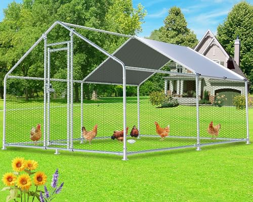 Large Metal Chicken Coop 12.8x9.84x6.6ft Chicken Runs for Yard with Cover, Walk in Chicken Coops for 10 Chickens, Heavy Duty Chicken Run Lockable Chicken Pen Outdoor Poultry Cage - color: Spire Roof, size: 153.6"L x 118.1"W x 79.2"H