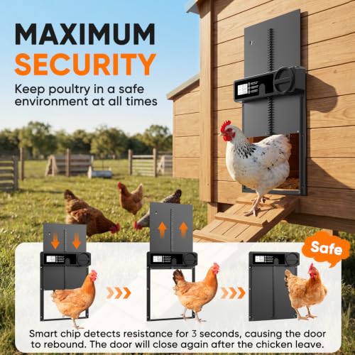Automatic Chicken Coop Door - Reinforced Gear Drive System, Large Automatic Chicken Door with Timer & Manual Mode, Battery Powered Chicken Coop Door | Aluminum Alloy | Anti-Pinch | External Gear Track