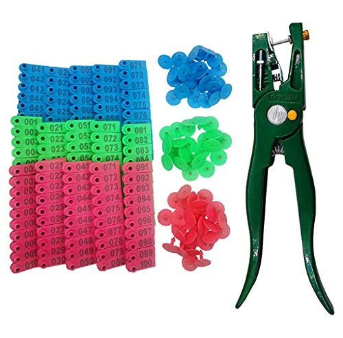 300PCS 001-100 Number Plastic Livestock Ear Tags Farm Animal Tags ID Tags Pink Green Blue Ear Tagger + 1PCS Ear Tag Applicator for Cattle Cow Goat Sheep Pig