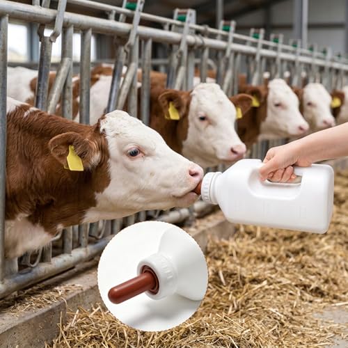 Tlence 2 Pack Screw Nipple Calf Feeding Device, 2.11 Quart Calves Nursing Bottle with 4 Rubber Pacifier, Calf Milk Feeder with Hand Grip Handle for Livestock Supplies