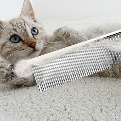 Flezoo 2PCS Dog and Cat Brush, Stainless Steel Pets Grooming Comb Kit, Detangler Deshedding Brush, Metal Knots Hair Remover 6.4" 7.5"