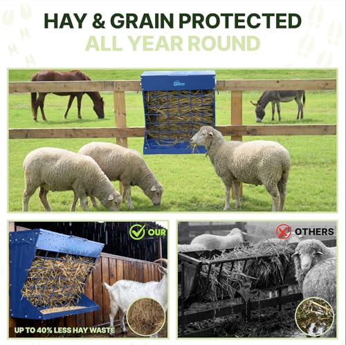 Wall Mount Hay Rack And Hay Feeder For Goats Sheep And Horses, Covered Galvanized Steel Goat Hay Feeder With Hinged Roof, 25 Gallon 2-In-1 No Waste Hanging Holder Grain Bin with hook For Cattle - color: Blue