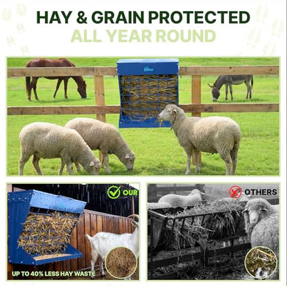 Wall Mount Hay Rack And Hay Feeder For Goats Sheep And Horses, Covered Galvanized Steel Goat Hay Feeder With Hinged Roof, 25 Gallon 2-In-1 No Waste Hanging Holder Grain Bin with hook For Cattle - color: Blue