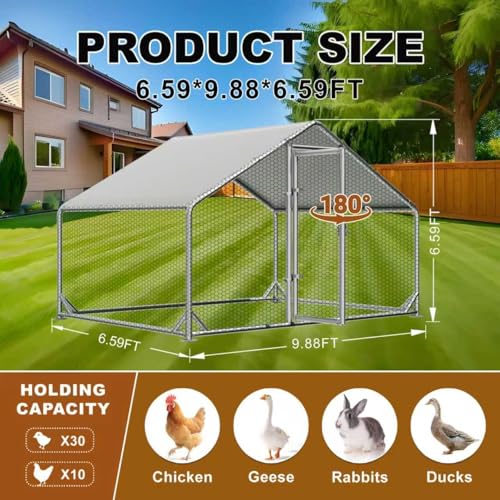 Large Metal Chicken Coop with Run, Outdoor Chicken Walk-in Poultry Cag with Waterproof & Anti-UV Cover Lockable Doors,Ducks Coop and Other Small Animals for Yard/Farm/Ranch (6.59'L x 9.88'W x 6.59'H) - size: 6.59'L x 9.88'W x 6.59'H