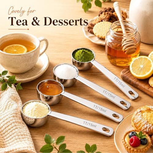 4 Pack Coffee Scoop Spoons Set, 1 Tbsp (15ml) & 2 Tbsp (30ml) Stainless Steel Measuring Spoons with Long Handle, Polished Round Scoops for Ground Coffee, Tea, Protein Powder and Spices - size: 1&2Tbsp /4pcs