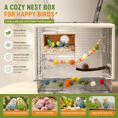 Rypet Parakeet Nesting Box Transparent Design, Thwartwise Bird Nest Breeding Box with Perch Wood Bird Cage House for Cockatiel Lovebirds Budgie Finch Parrotlets Canary S - size: Small