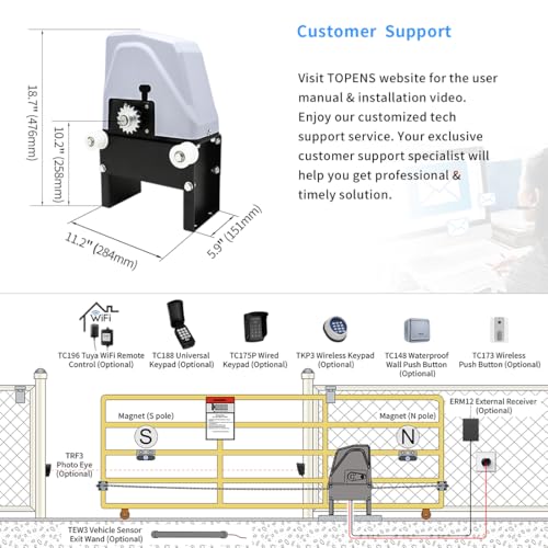 TOPENS CK1100 Automatic Sliding Gate Opener Chain Drive Electric Gate Motor for Heavy Driveway Slide Gate Up to 2800 Pounds, Security Gate Operator AC Powered with 20ft Roller Chain and Remote Control