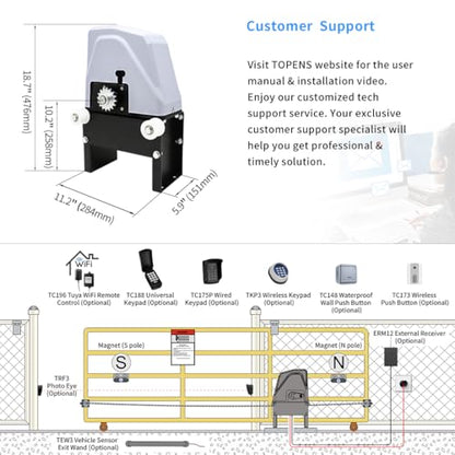 TOPENS CK1100 Automatic Sliding Gate Opener Chain Drive Electric Gate Motor for Heavy Driveway Slide Gate Up to 2800 Pounds, Security Gate Operator AC Powered with 20ft Roller Chain and Remote Control