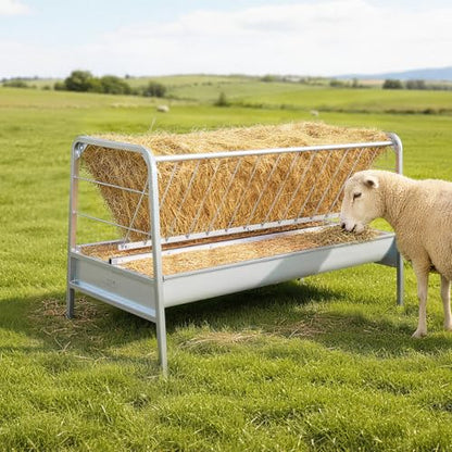 VEVOR Livestock Hay Feeder, 2 in 1 Grain & Hay Feeder, 80-Gallon Capacity, 57.9" Long Goat Pasture Feeding with Deeper Feeding Pan, Heavy Duty Steel Grain Holder for Sheep Sheds, Farms, Horse Barns