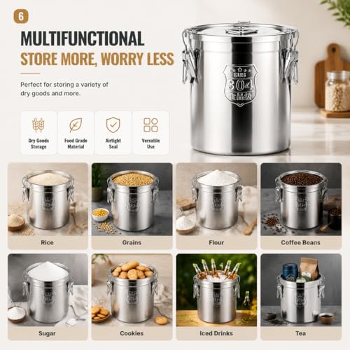 12L/2.64gal Stainless Steel Airtight Canister, Food Storage Canisters with Airtight Lid&Locking Clamp, Rice Container Cereal Grain Canisters, Storager Bucket for Flour, Coffee Bean, Sugar, Cookie - color: 12L